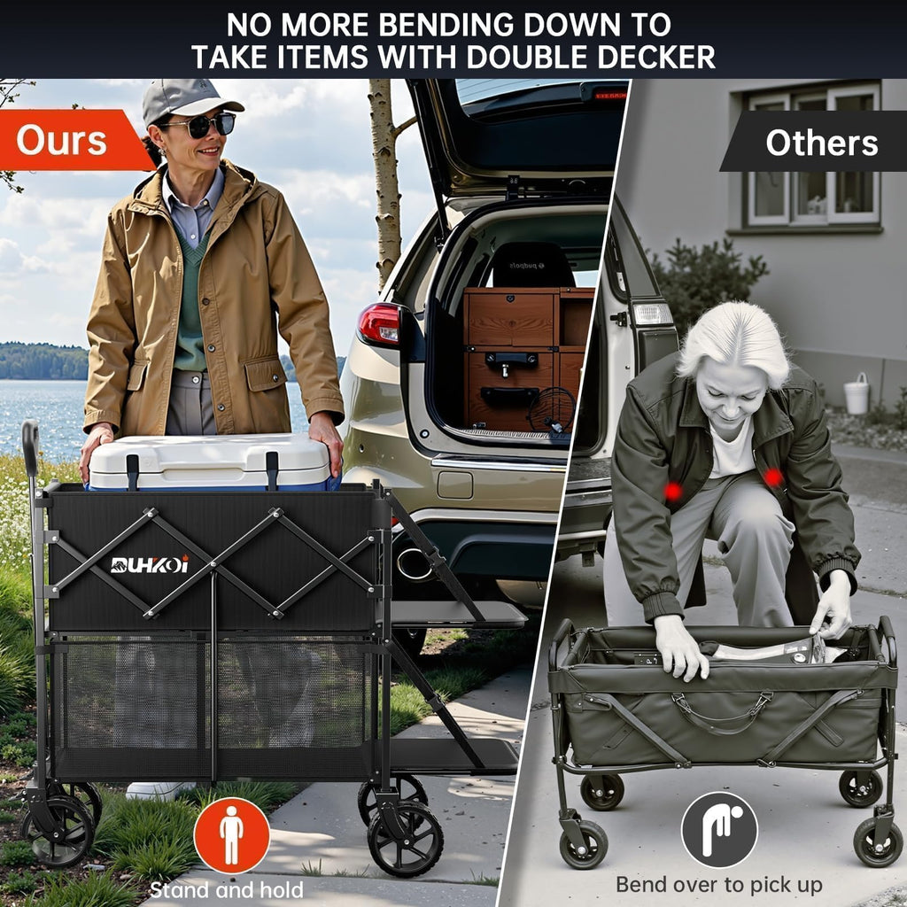 DUHKOI Double Decker Wagon 320L Large Capacity 400LBS Collapsible Sports Utility Cart with Big Wheels,Double Extended Tailgate Heavy Duty Folding Wagon Cart for Groceries,Camping,Outdoor