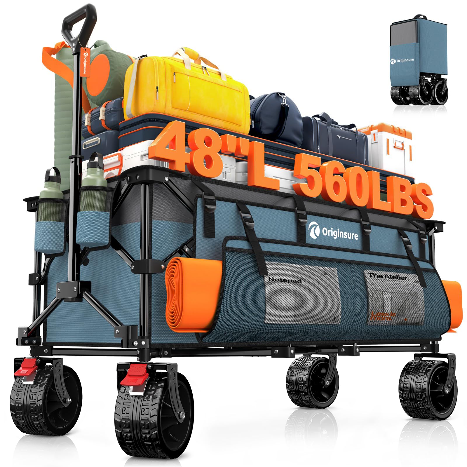 Originsure 48" L Collapsible Wagon Cart Foldable, 560lbs Weight Capacity 300L Heavy Duty Folding Beach Wagons with Big All-Terrain Wheels, Utility Carts for Groceries, Shopping, Camping, Sports