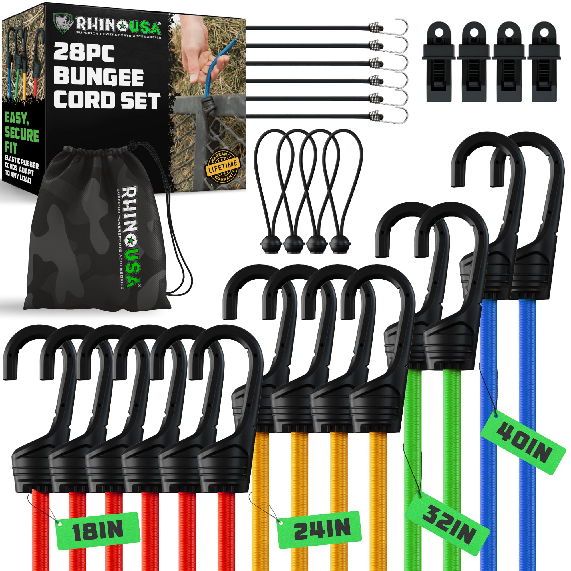 Rhino USA Bungee Cords with Hooks - Heavy Duty Outdoor Assorted