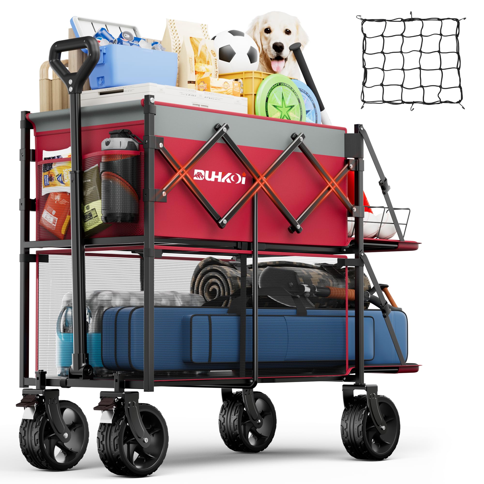 DUHKOI Double Decker Wagon 320L Large Capacity 400LBS Collapsible Sports Utility Cart with Big Wheels,Double Extended Tailgate Heavy Duty Folding Wagon Cart for Groceries,Camping,Outdoor