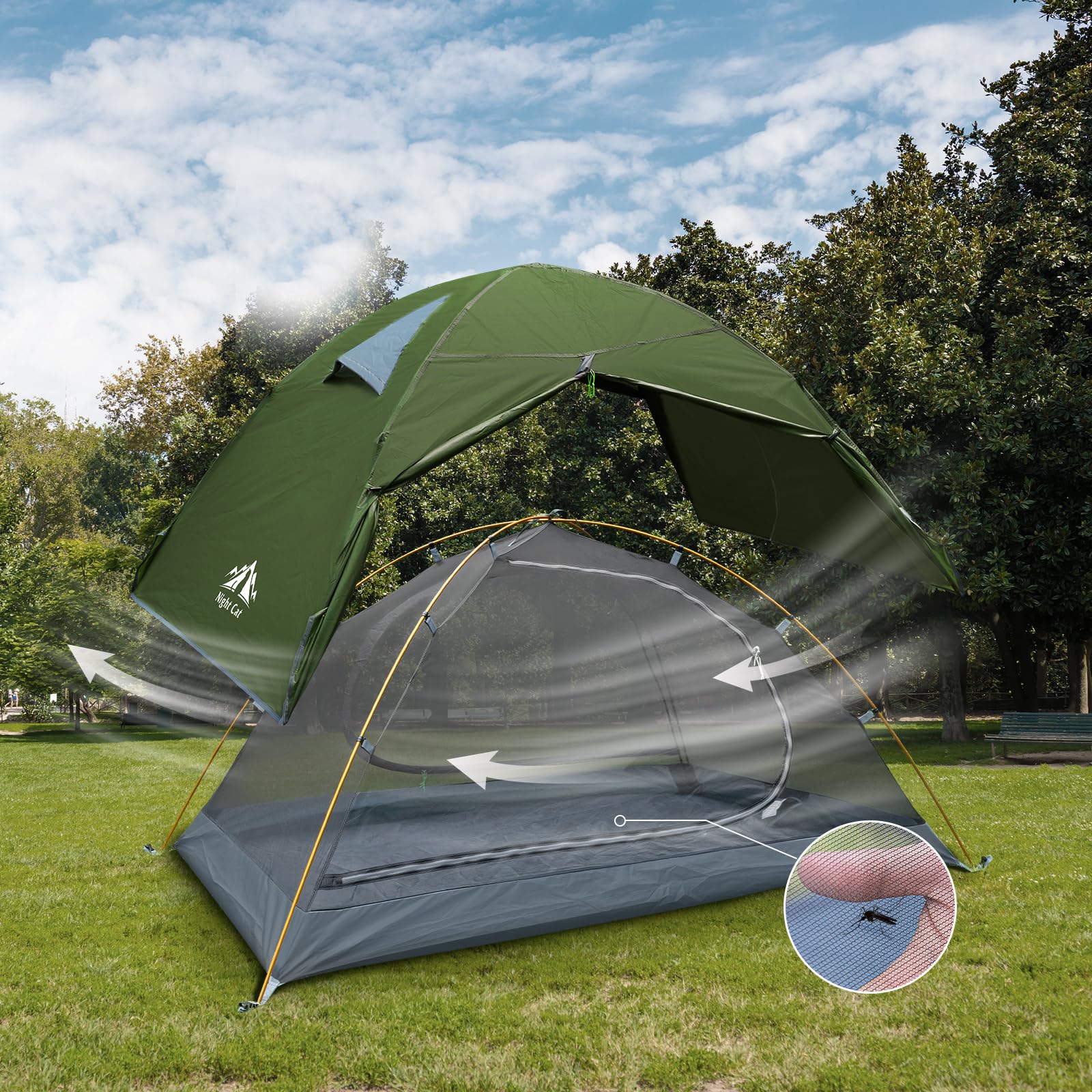 Night Cat 2-Persons Backpacking Tent: Waterproof Lightweight Camping Tent for Two People Hiking Outdoor Mountain with Aluminum Poles and Rainfly Green