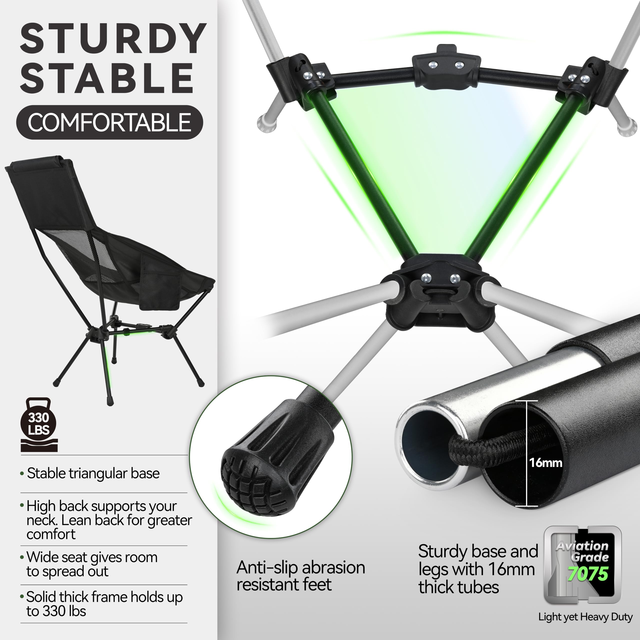 MARCHWAY Lightweight Portable Camping Chair, Stable Foldable Compact for Outdoor Camp, Travel, Beach, Picnic, Festival, Hiking, Backpacking