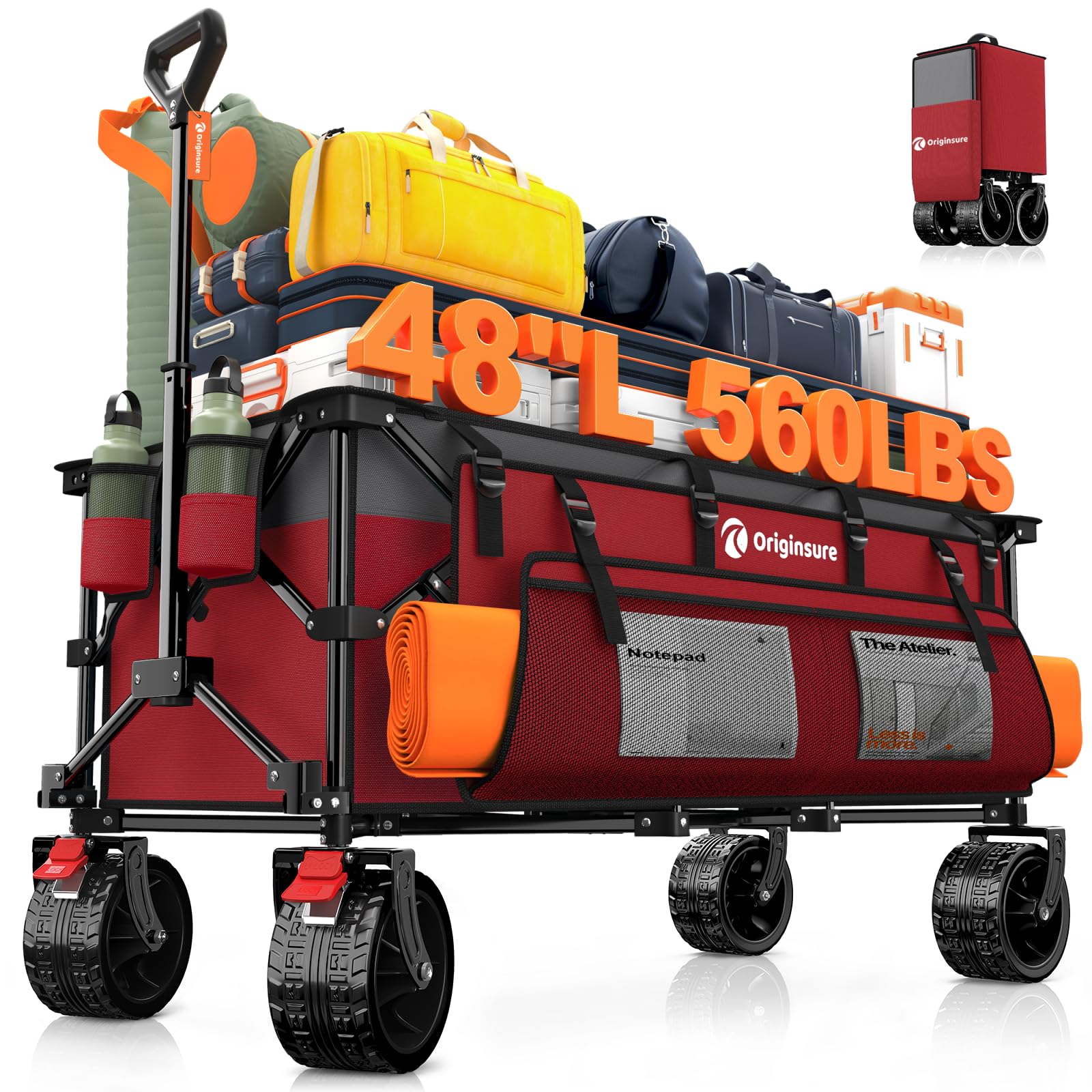 Originsure 48" L Collapsible Wagon Cart Foldable, 560lbs Weight Capacity 300L Heavy Duty Folding Beach Wagons with Big All-Terrain Wheels, Utility Carts for Groceries, Shopping, Camping, Sports