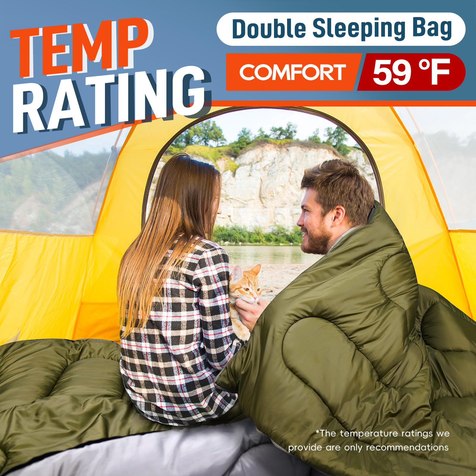 MEREZA Double Sleeping Bag for Adults Mens with Pillow, XL Queen Size Two Person Sleeping Bag for All Season Camping Hiking Backpacking 2 Person Sleeping Bags for Cold Weather & Warm