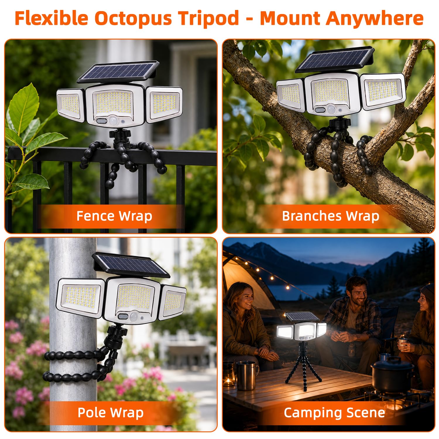 Solar Motion Sensor Light Outdoor Flexible Octopus Tripod, Clip On Solar Lights IP65 Waterproof 360° Rotate, 231 LED 1200LM USB & Solar Powered Security Lights for Fence, Pole, Trees, Garden, Camping