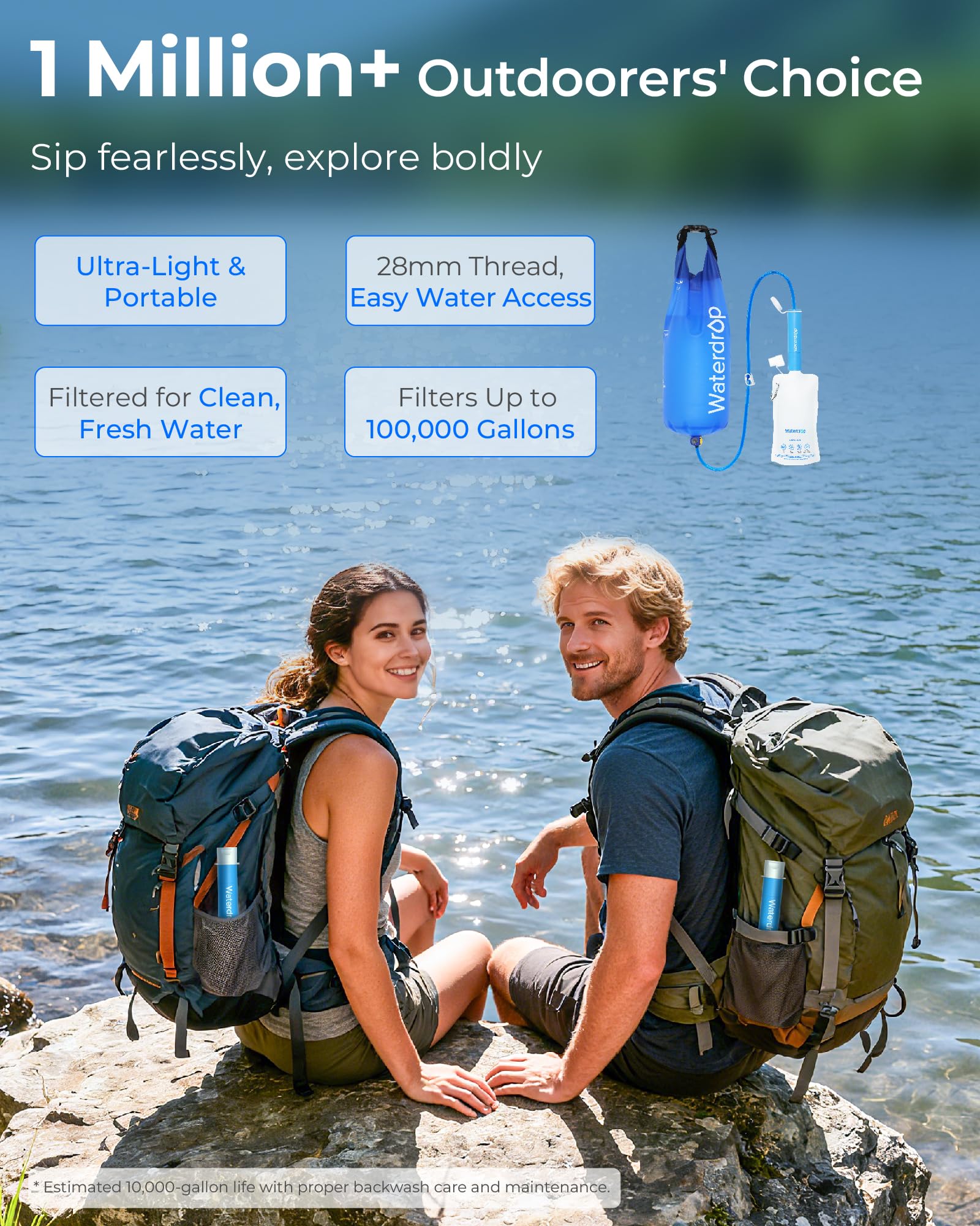 Waterdrop Gravity Water Filter Straw, Camping Water Filtration System, Water Purifier Survival for Travel, Backpacking and Emergency Preparedness, 1.5 gal Bag, 0.1 Micron, 5 Stage Filtration