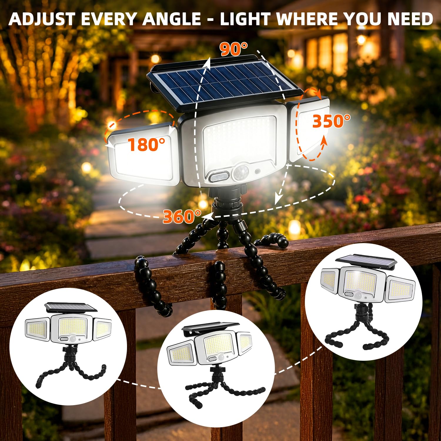 Solar Motion Sensor Light Outdoor Flexible Octopus Tripod, Clip On Solar Lights IP65 Waterproof 360° Rotate, 231 LED 1200LM USB & Solar Powered Security Lights for Fence, Pole, Trees, Garden, Camping