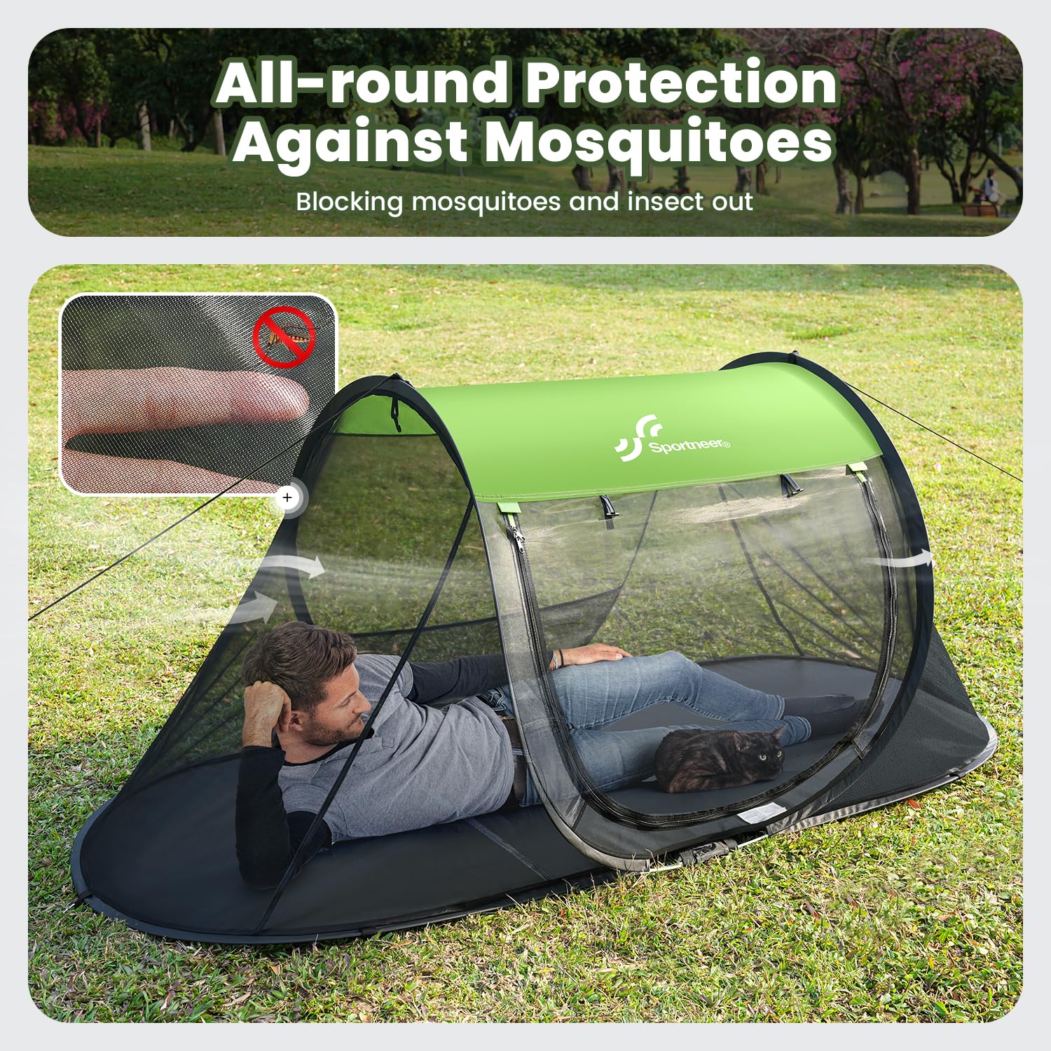 Sportneer Pop-Up Mosquito Net Tent, Instant Setup Camping Shelter for Cot or Ground, Breathable Mesh Bug Screen, Lightweight Portable Bed Canopy for Outdoor Indoor Adults Kids, 86.6''x33.5''x35.4''