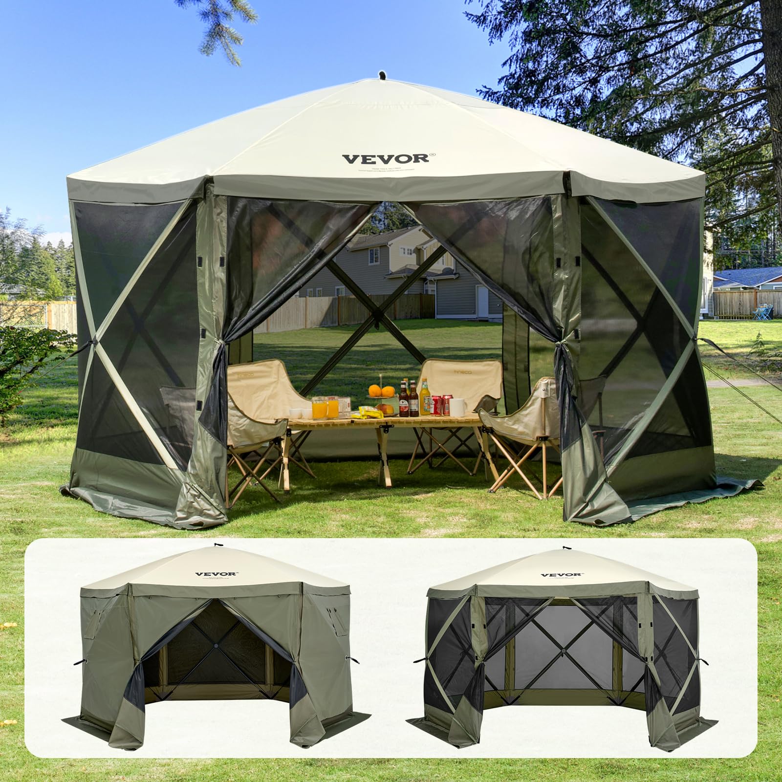VEVOR 12x12ft Pop Up Gazebo Tent with Privacy Panels, Mosquito Netting & Removable Wind Cloths, 6-Sided Outdoor Canopy for Patio