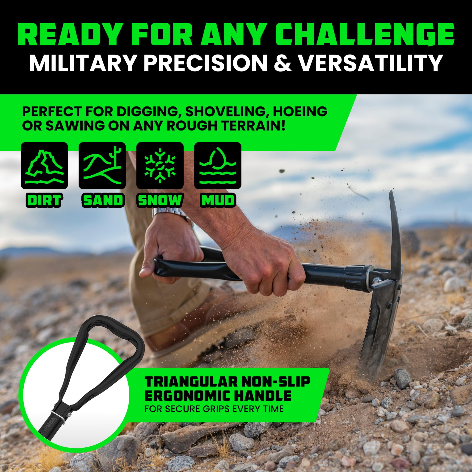 Rhino USA Folding Camping Shovel with Pick - Tactical Entrenching Tool