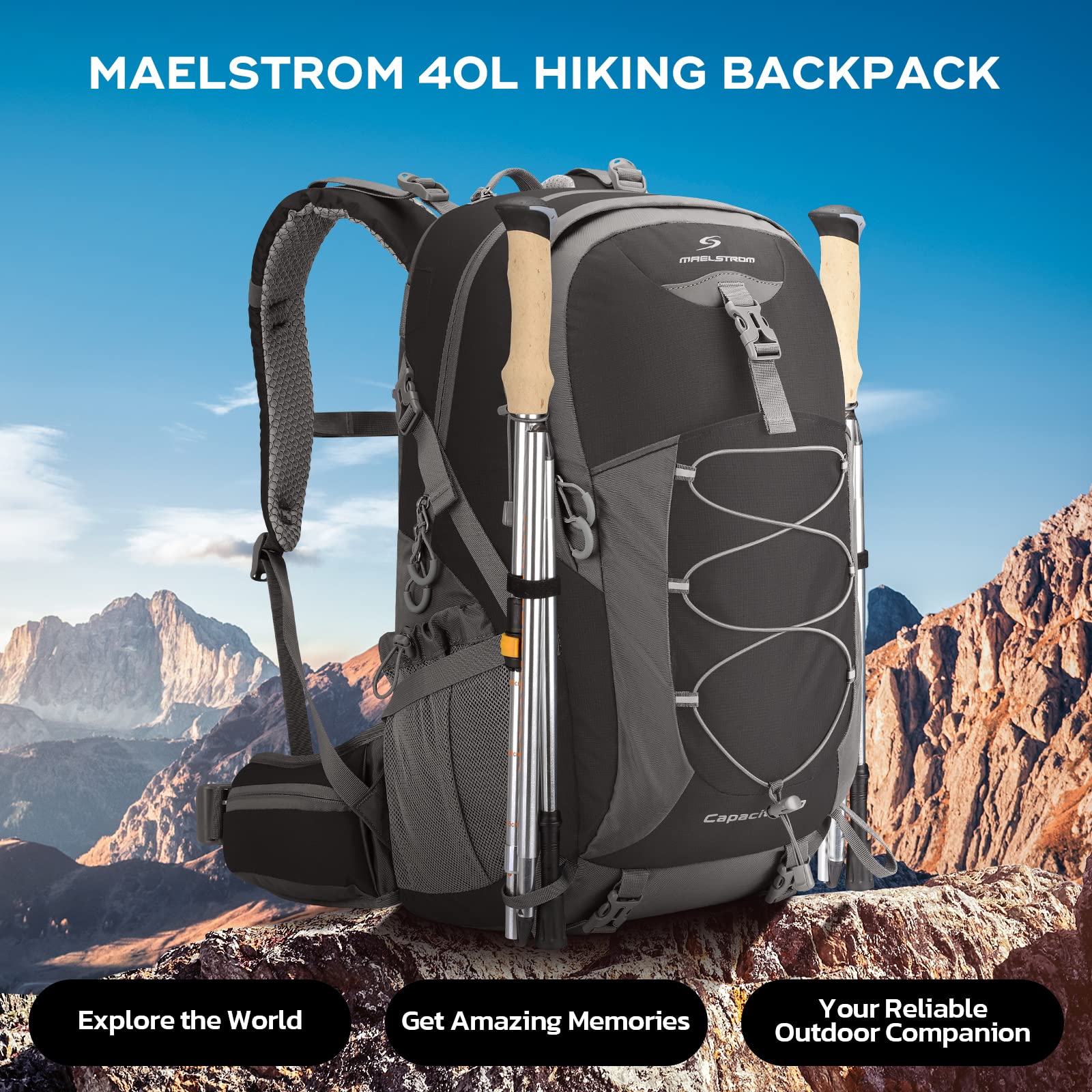 Maelstrom Hiking Backpack, Camping Backpack, 40L/50L Waterproof Hiking Daypack with Rain Cover, Lightweight Travel Backpack