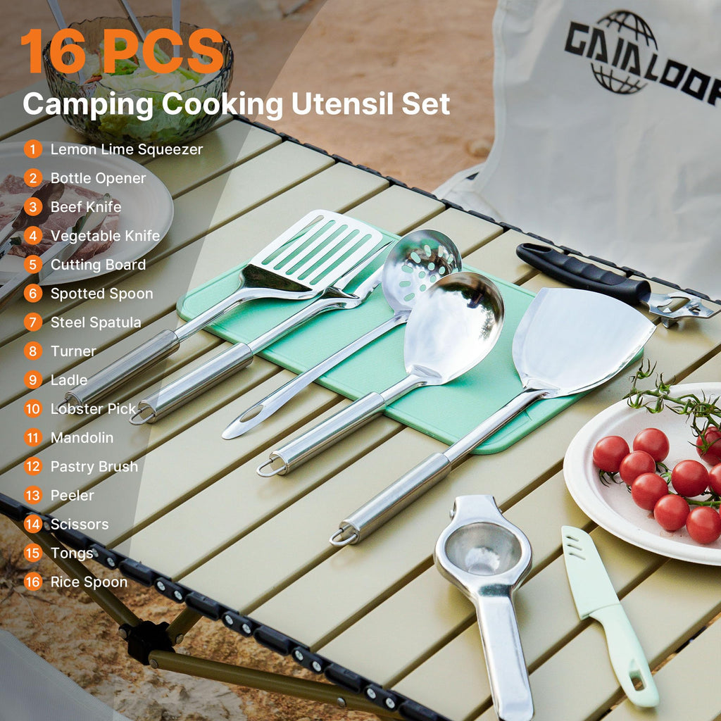 Gaialoop Portable Camping Cooking Utensils Set, Camp Kitchen Set with Organizer Bag, RV Essentials Outdoor Cooking Utensil Kit for Travel, Picnics, Camping, BBQs, Parties