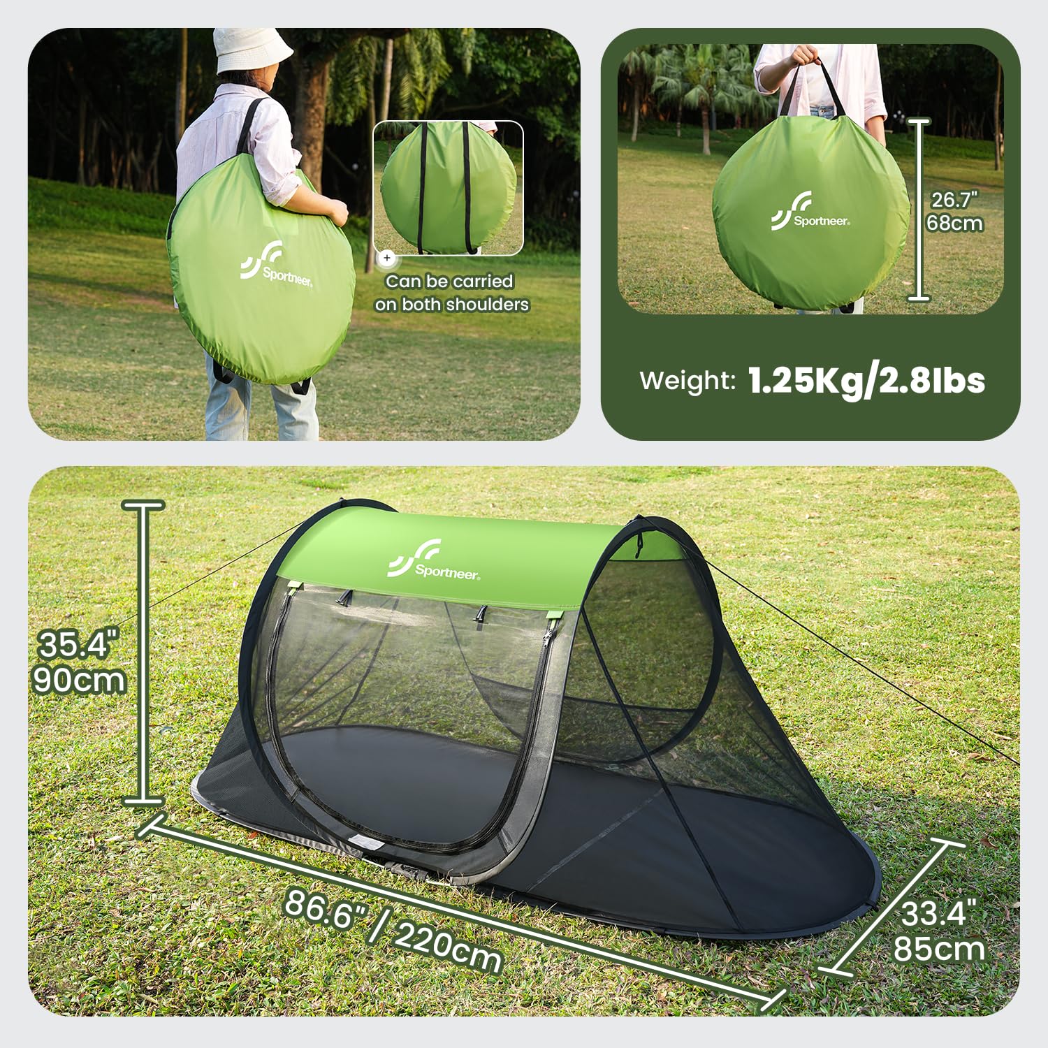 Sportneer Pop-Up Mosquito Net Tent, Instant Setup Camping Shelter for Cot or Ground, Breathable Mesh Bug Screen, Lightweight Portable Bed Canopy for Outdoor Indoor Adults Kids, 86.6''x33.5''x35.4''