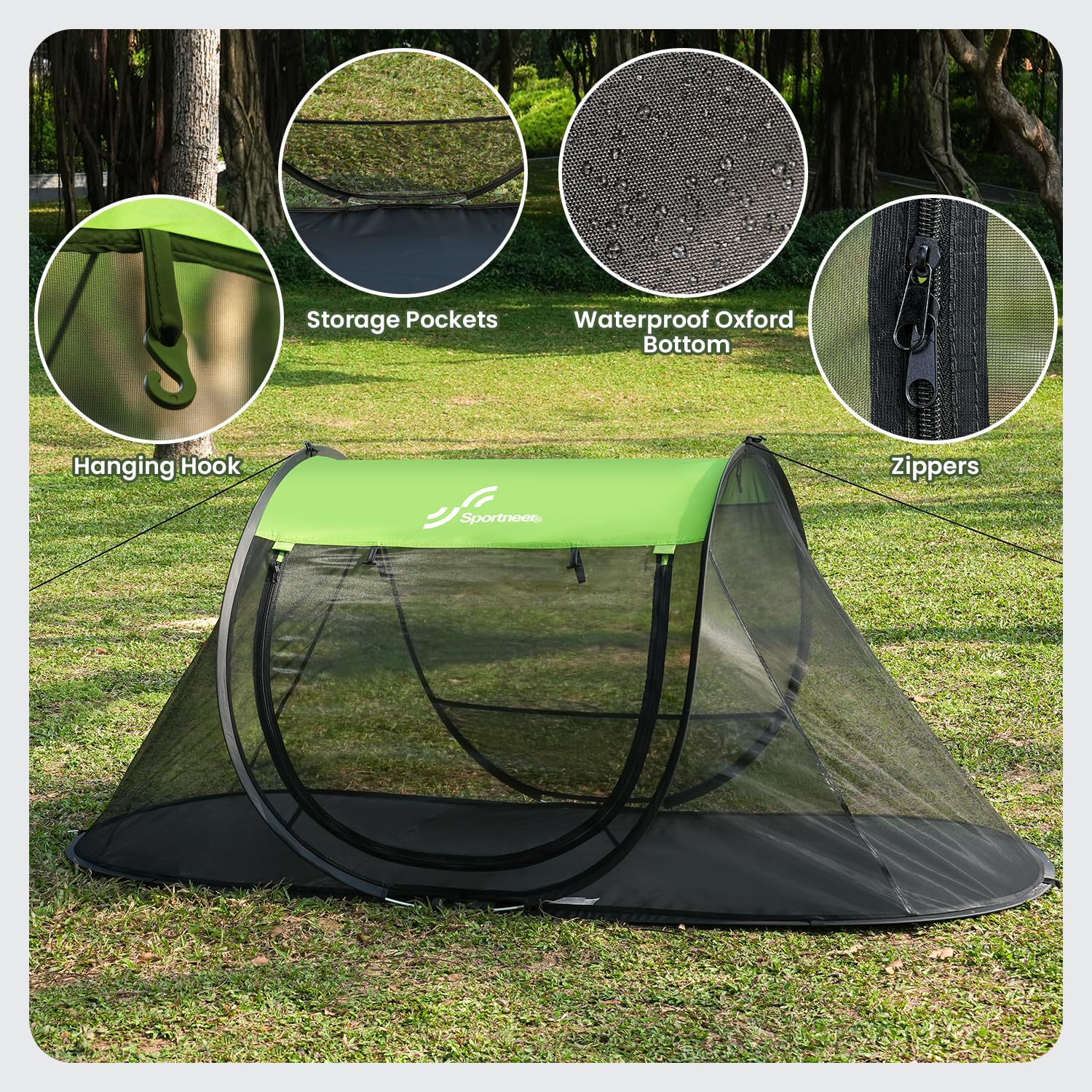 Sportneer Pop-Up Mosquito Net Tent, Instant Setup Camping Shelter for Cot or Ground, Breathable Mesh Bug Screen, Lightweight Portable Bed Canopy for Outdoor Indoor Adults Kids, 86.6''x33.5''x35.4''