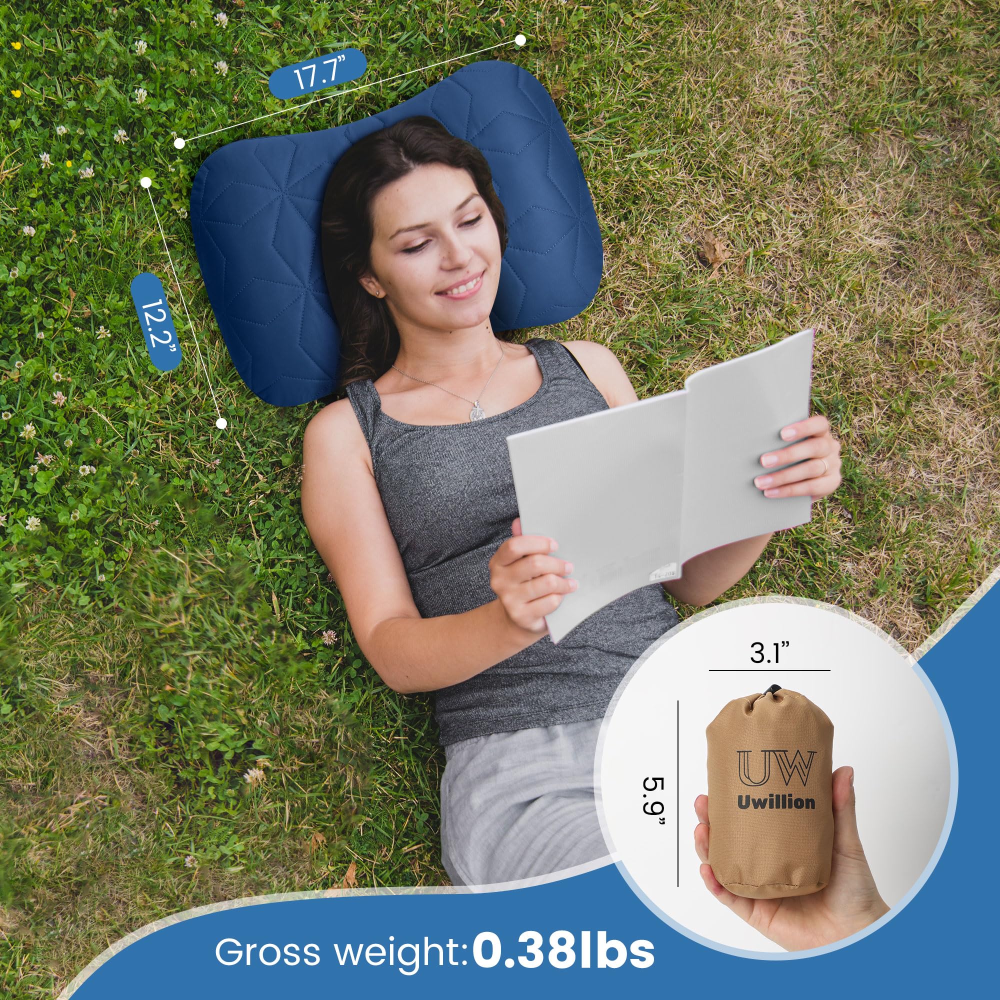 UWILLION Inflatable Camping Pillow with Removable Cover - Ultralight Inflatable Pillow Lightweight, Ergonomic and Washable for Camping, Hiking, and Travel